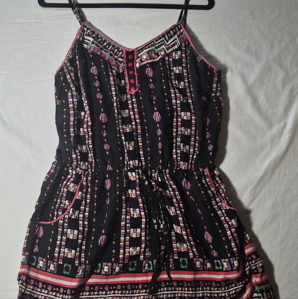 Black Boho Printed Spaghetti Strap Romper with Pink Accents